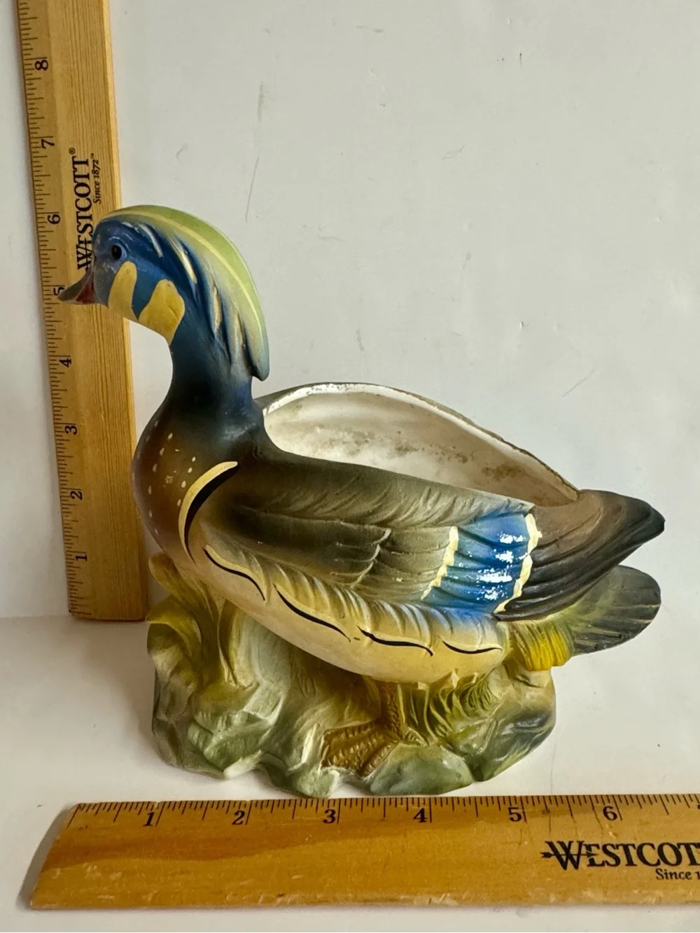 Vintage 60s Inarco Hand-Painted Ceramic Wood Duck Planter in Blue and Green